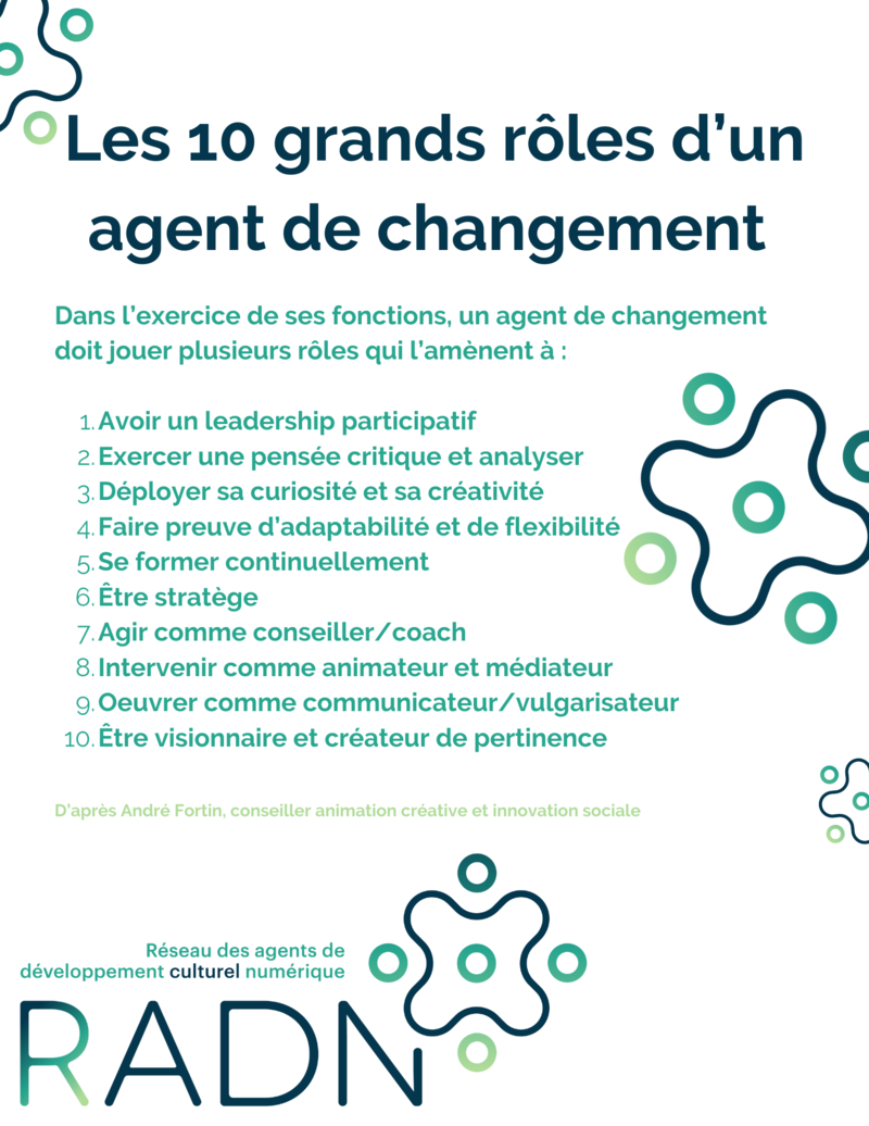 Image présentant les 10 grands rôles d'un agent de changement, selon André Fortin.