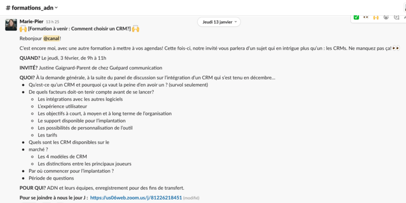 Capture d'écran montrant une annonce de formation dans le Slack des ADN