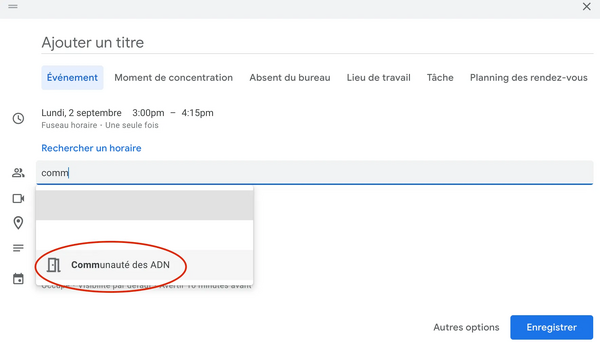 Capture d'écran de l'agenda Google de la Communauté des ADN