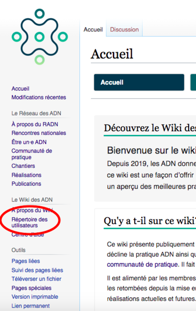 Capture d'écran présentant l'accès au Répertoire des utilisateurs à partir de l'accueil